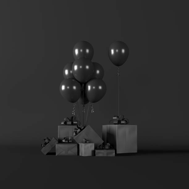 istock Black Gifts box Set with black balloons group on Dark background for copy space. 1349077048