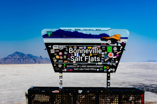 Bonneville Salt Flats Sign Wendover, UT USA. Sep 05 2021: Bonneville Salt Flats is a salt lake desert, west of the Great Salt Lake, Interstate 80. bonneville salt flats stock pictures, royalty-free photos & images