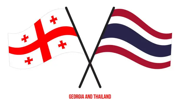 Vector illustration of Georgia and Thailand Flags Crossed And Waving Flat Style. Official Proportion. Correct Colors.