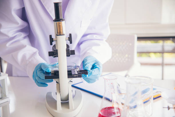 Woman scientist in lab look at science microscope medical test and research biology chemistry. Females technician laboratory analyzing scientific pharmacy genetic research. Chemistry Medical test lab mujer científica en el laboratorio mira la prueba médica del microscopio científico y la química de la biología de la investigación. laboratorio técnico femenino que analiza la investigación genética científica en farmacia. química laboratorio d