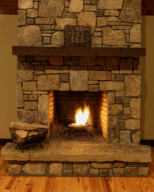 A large stone fireplace. 