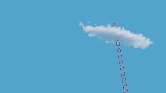 Red ladder breaking through fluffy cloud on blue sky.The way to success concept.3d rendering illustration.