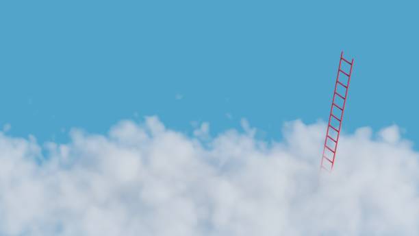 istock Red ladder breaking through fluffy cloud on blue sky.The way to success concept.3d rendering illustration. 1349087922