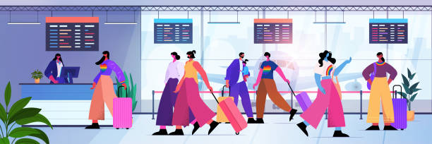 illustrations, cliparts, dessins animés et icônes de passagers faisant la queue au comptoir de l’aéroport pour l’enregistrement dans le concept d’amour transgenre arc-en-ciel lgbt - homosexual gay pride business rainbow