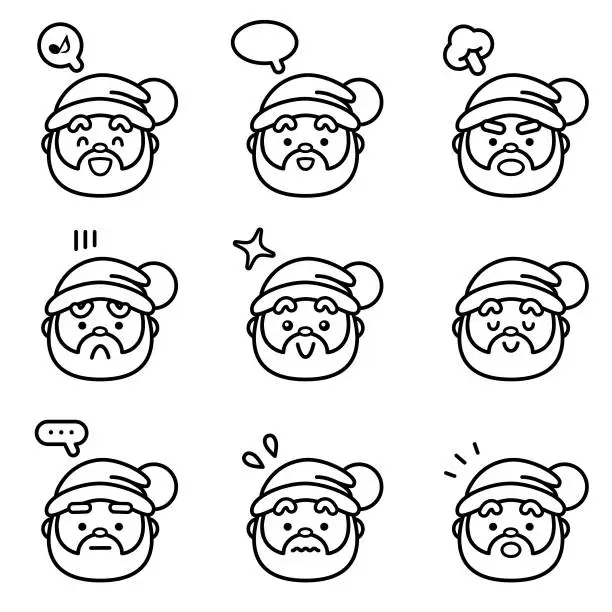 Vector illustration of Christmas icon set of a cute Santa Claus with nine facial expressions in black and white