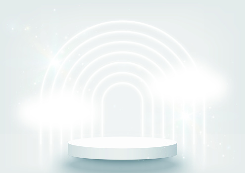 Stage podium scene for product, show, award ceremony decorated with arch shapes lighting, clouds, on soft blue background. Abstract clean backdrop. 3d pedestal. Minimal style. Vector illustration.