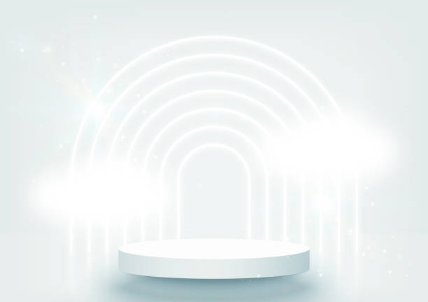 Stage podium scene for product, show, award ceremony decorated with arch shapes lighting, clouds, on soft blue background. Abstract clean backdrop. 3d pedestal. Minimal style. Vector illustration. Stage podium scene for product, show, award ceremony decorated with arch shapes lighting, clouds, on soft blue background. Abstract clean backdrop. 3d pedestal. Minimal style. Vector illustration. podium stock illustrations
