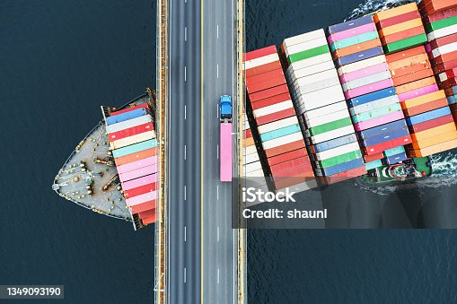 istock Container Ship Beneath Bridge 1349093190