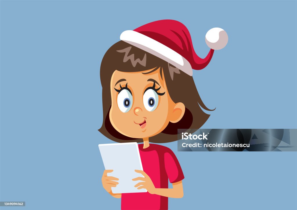 Little Girl Celebrating Christmas Holding A Pc Tablet Vector Cartoon Stock  Illustration - Download Image Now - iStock