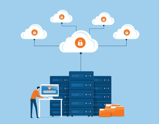 ilustraciones, imágenes clip art, dibujos animados e iconos de stock de flat vector business technology almacenamiento en la nube y concepto de servicio de servidor en la nube con administrador y desarrollador trabajando en el concepto de estación de trabajo - servidor de red