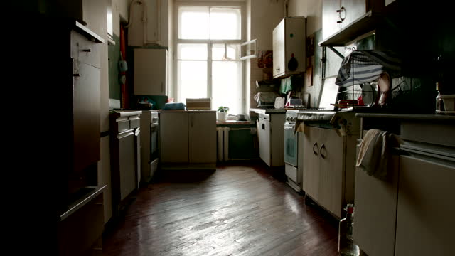 Panoramic shot of old kitchen of a flat in St. Petersburg, Russia