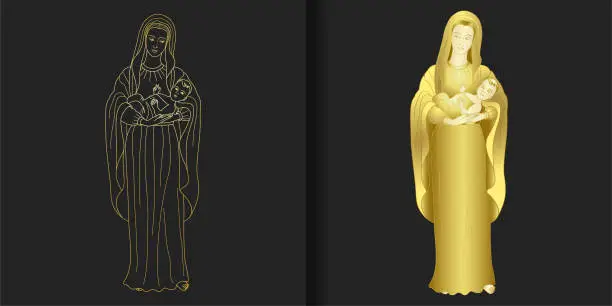 Vector illustration of Virgin Mary holding baby Jesus prints set