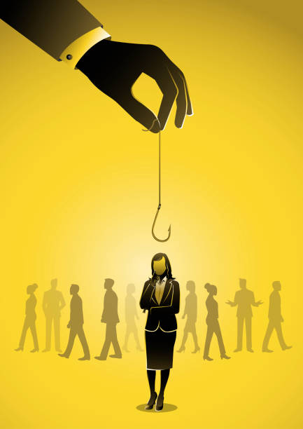 Businessman hand holding hook lures Businessman hand holding hook lures businesswoman. Manipulation in business danger trap concept just say no stock illustrations