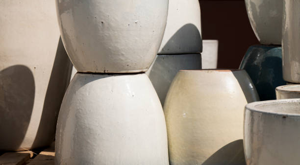 istock Closeup of white and blue ceramic plant pots under sunlight 1349100401