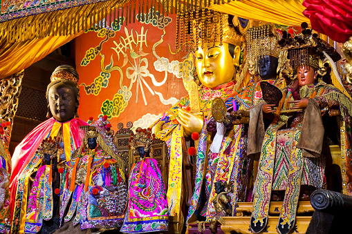 The main hall of the Great Mazu Temple in Tainan, Taiwan, enshrines a statue of Mazu. the Mazu is deified form of the medieval Fujianese shamaness Lin Moniang.