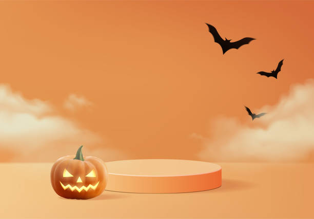istock 3d halloween minimal smoke and pumpkin podium for products background 1349102380