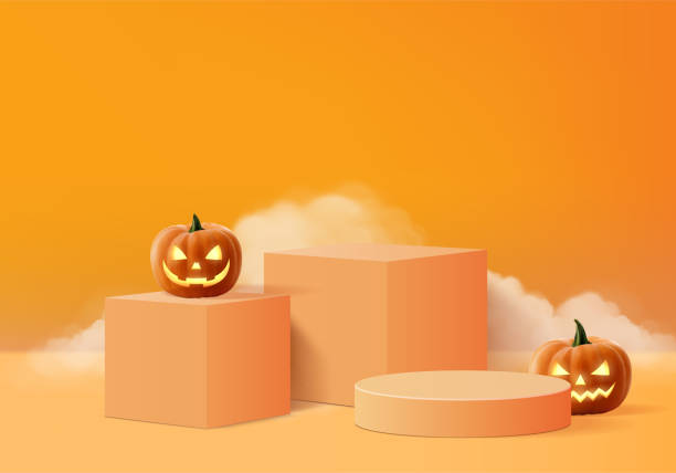 istock 3d halloween minimal smoke and pumpkin podium for products background 1349102402
