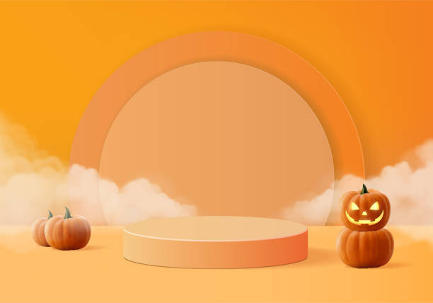 istock 3d halloween minimal smoke and pumpkin podium for products background 1349102445