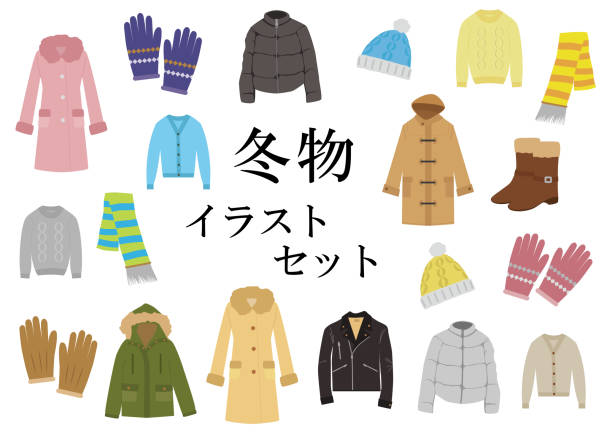 illustrazioni stock, clip art, cartoni animati e icone di tendenza di set di illustrazioni invernali - warm clothing