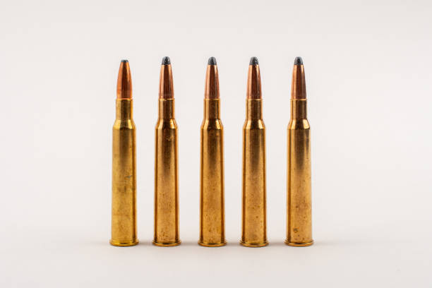 istock Rifle bullets in a row isolated on grey background. 1349106070