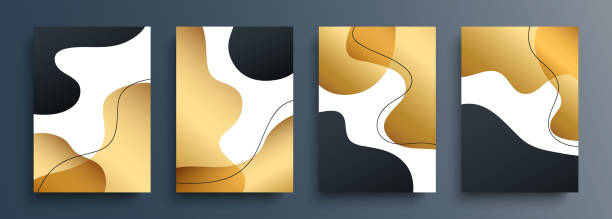 istock Abstract backgrounds or covers set with various golden dynamic shapes and black outlines for your creative graphic design. Gold and black. 1349115066