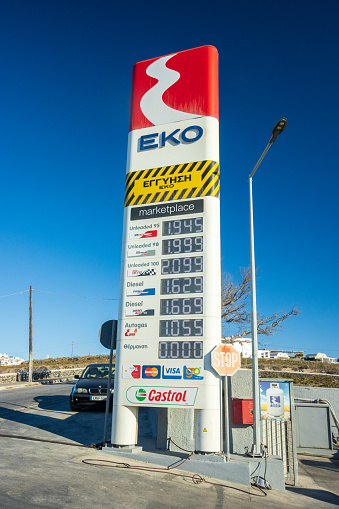 EKO Gas Station in Pyrgos Kallistis on Santorini in The Cyclades, Greece