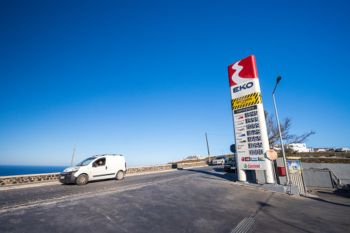 EKO Gas Station in Pyrgos Kallistis on Santorini in The Cyclades, Greece