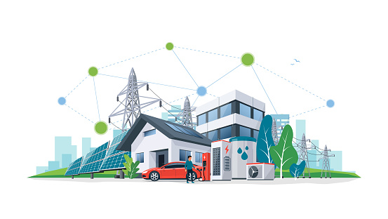 Smart renewable energy heat power network system. Off-grid building city battery storage sustainable electrification. Electric car charging with solar panels, wind, high voltage power grid and city.