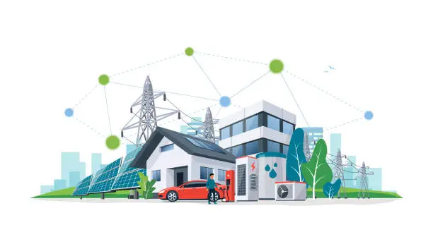 Vector illustration of Sustainable Renewable Energy Battery Storage Network House in City