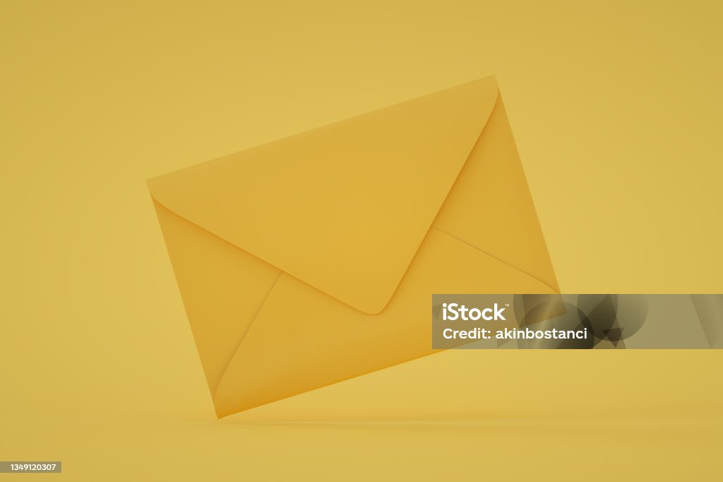 Envelope, new message, invitation, e-mail, newsletter, yellow background 3d render, envelope, new message, invitation, e-mail, newsletter, yellow background. Envelope Stock Photo
