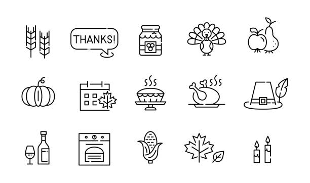 Thanksgiving traditional American holiday icons set. Harvest, turkey, vegetables, family dinner and other. Pixel perfect, editable stroke Thanksgiving traditional American holiday icons set. Harvest, turkey, vegetables, family dinner and other. Pixel perfect, editable stroke thanksgiving holiday silhouettes stock illustrations