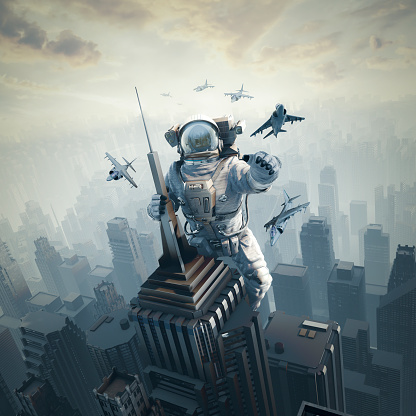 3D illustration of science fiction giant space suit wearing character climbing skyscraper while being attacked by fighter planes
