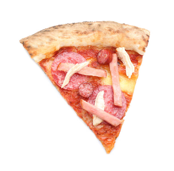 istock Slice of delicious pizza isolated on white, top view 1349126327