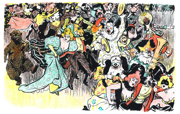 Crowd of people celebrating carnival illustration Art Nouveau 1897 Art Nouveau is an international style of art, architecture, and applied art, especially the decorative arts, known in different languages by different names: Jugendstil in German, Stile Liberty in Italian, Modernisme català in Catalan, etc. In English it is also known as the Modern Style. The style was most popular between 1890 and 1910 during the Belle Époque period that ended with the start of World War I in 1914.
Original edition from my own archives
Source : Jugend Band 1 - 1897
Drawing Artur Halmi ( München ) painted masquerade masks stock illustrations