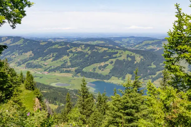 Idyllic aerial view seen from the Immenstaedter Horn around Immenstadt at the Allgaeu region in Swabia, Germany