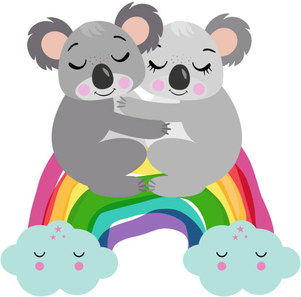 ilustrações de stock, clip art, desenhos animados e ícones de couple of koalas hugging on rainbow - koala animal love cute