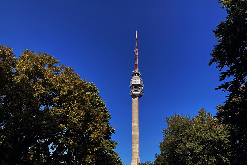 Avala TV tower in Belgrade background blue sky