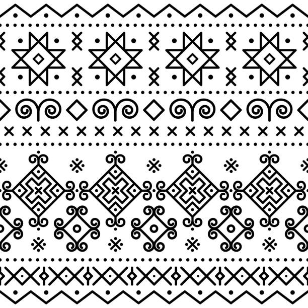슬로바키아 cicmany의 오래된 페인트 하우스에서 영감을 받은 전통적인 민속 예술 벡터 원단 패턴, 흰색 배경에 검은 색의 부족 기하학적 모양의 복고풍 디자인 - slovakia stock illustrations