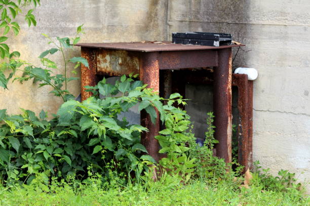 istock Rusted old metal table turned into homemade workbench next to rusted manhole cover frame left in house backyard 1349133157