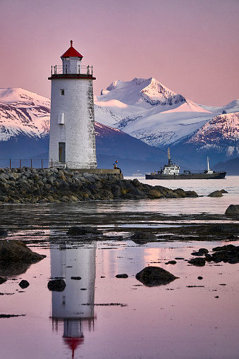 Lighthouse on Godøy during a winter sunset