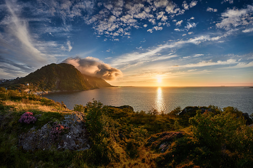 Sunset overlooking the old (now closed) ocean road towards Alnes.