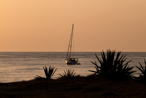 Scenic view of sailing boat on sea in Cabo de Gata Nature Park, Spain