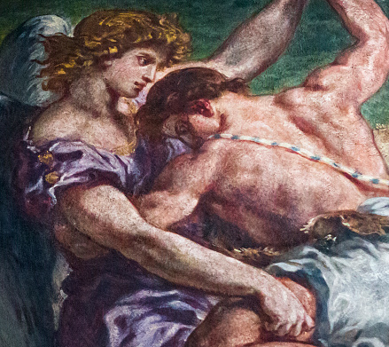 Paris, france, april 04,  2017 : painting panel of Jacob and angel, by Delacroix, 19th century in  saint sulpice  church