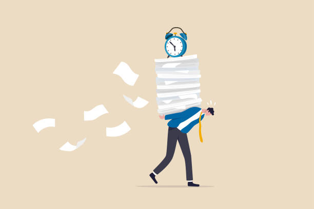 Workload and aggressive deadline causing exhaustion and burnout, overload or overworked office routine concept, tired businessman carrying heavy documents paperwork with alarm clock deadline on top. Workload and aggressive deadline causing exhaustion and burnout, overload or overworked office routine concept, tired businessman carrying heavy documents paperwork with alarm clock deadline on top. overworked stock illustrations