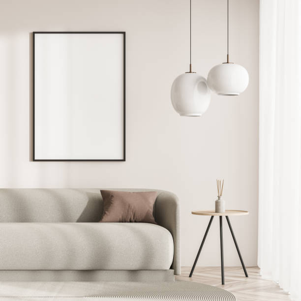istock Bright living room interior with white empty poster, sofa 1349137269