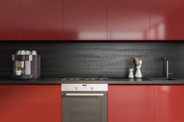 istock Close view on red kitchen room interior with electric cooker 1349137915