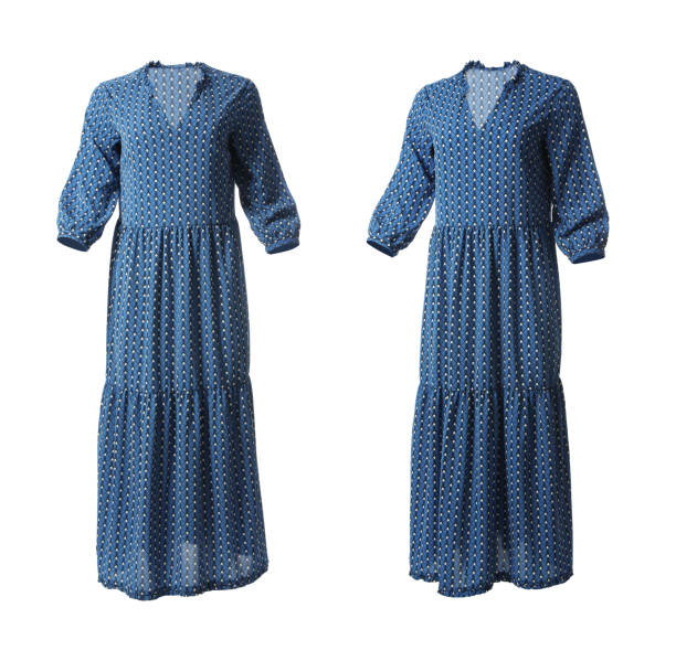 istock Beautiful long blue dresses from different views on white background 1349137954