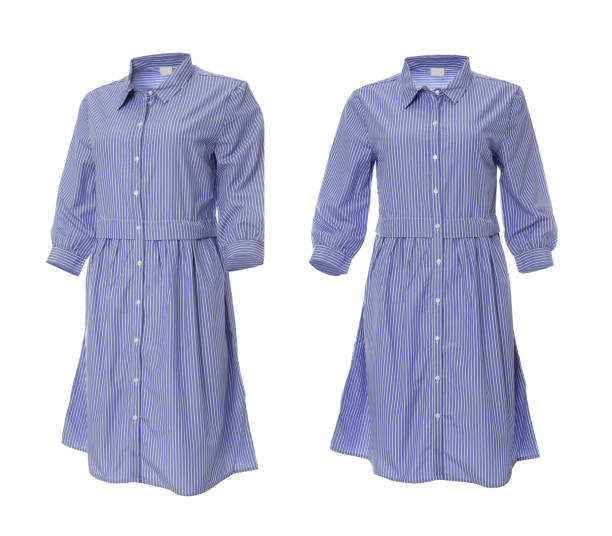 istock Beautiful striped shirt dresses from different views on white background 1349138030