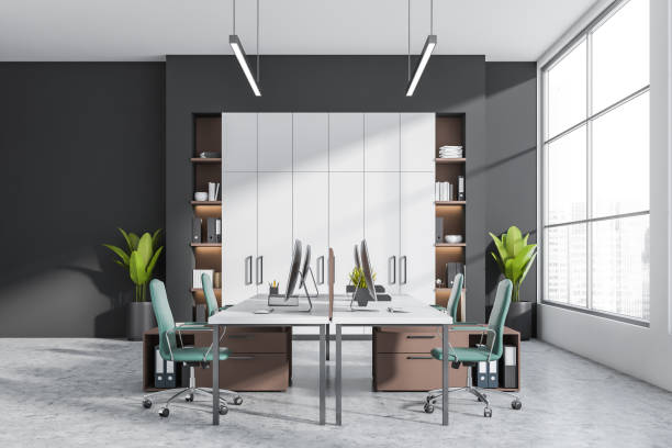 istock Dark office room interior with panoramic window with Singapore view 1349138156