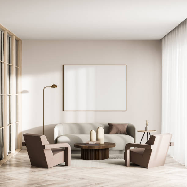 istock Bright living room interior with white empty poster, panoramic window 1349140160